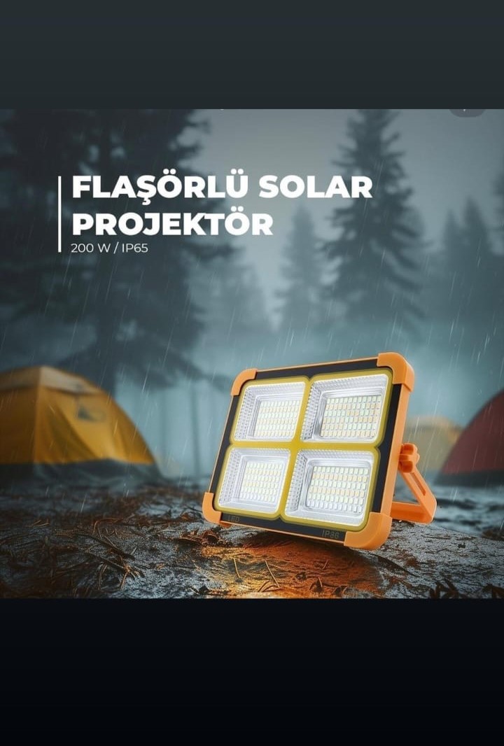 200W Güneş Enerjili Portatif Solar LED Projektör | IP66 Su Geçirmez, 4 Işık Modu, 2200 Lümen, 12000 mAh Taşınabilir Şarjlı Lamba | Kamp, Bahçe, Sokak Aydınlatması